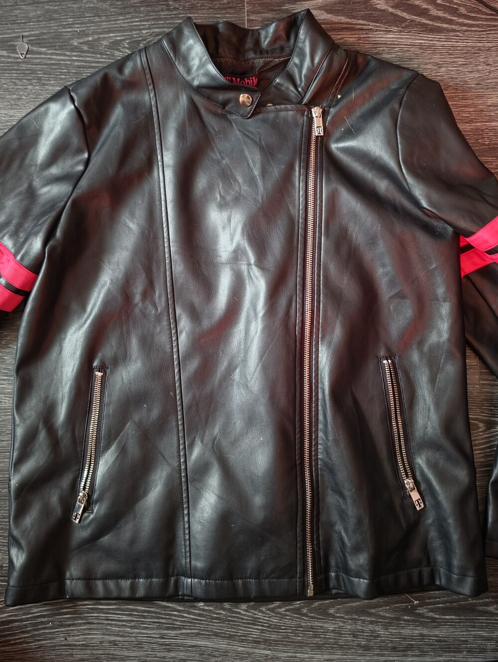 Black Faux Leather Bomber Jacket with Pink Sleeve Stripes